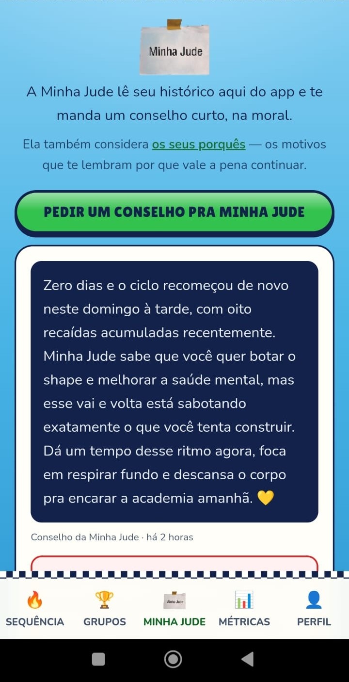 Tela da Minha Jude no Hoje Não com um conselho de IA sobre recaída