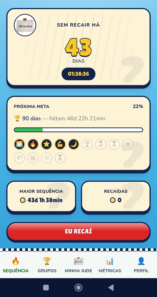 Tela de Sequência no Hoje Não: 43 dias sem recair, próxima meta em 90 dias e mural de conquistas